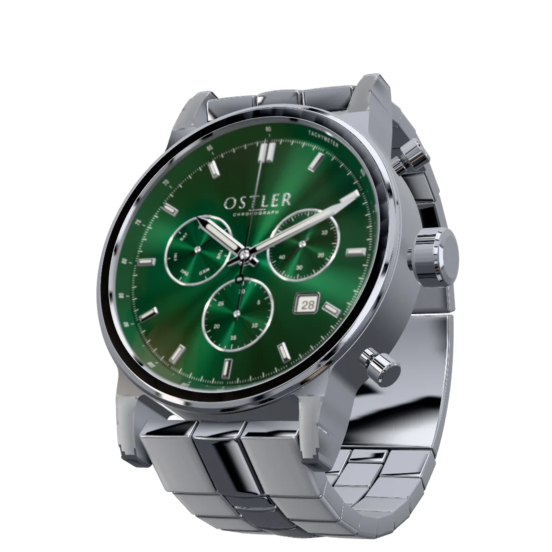 A steel chronograph with a green sunray dial, modelled in Blender: the subject of this style