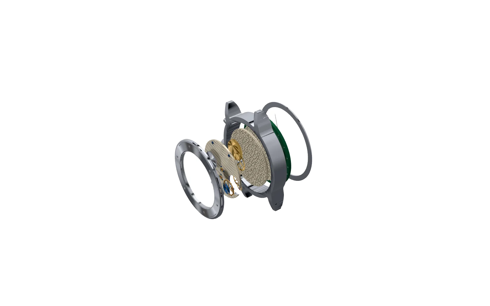The watch taken apart along its axis: crystal, hands, dial, mainplate, the going train, the three-quarter plate, balance and cock, and the caseback