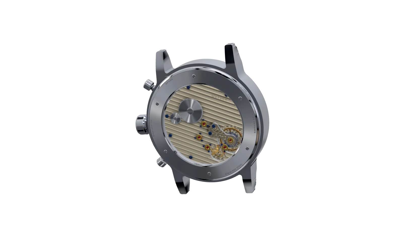 The movement through the sapphire caseback: a striped three-quarter plate, gold chatons, blued screws and an engraved balance cock