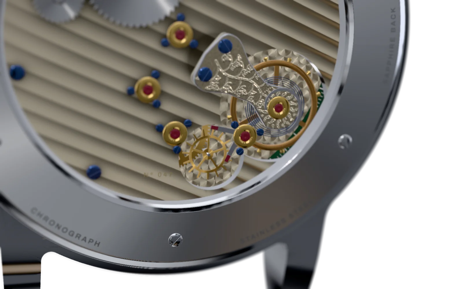 Close on the balance cock: hand engraving, a ruby in a gold chaton and blued screws