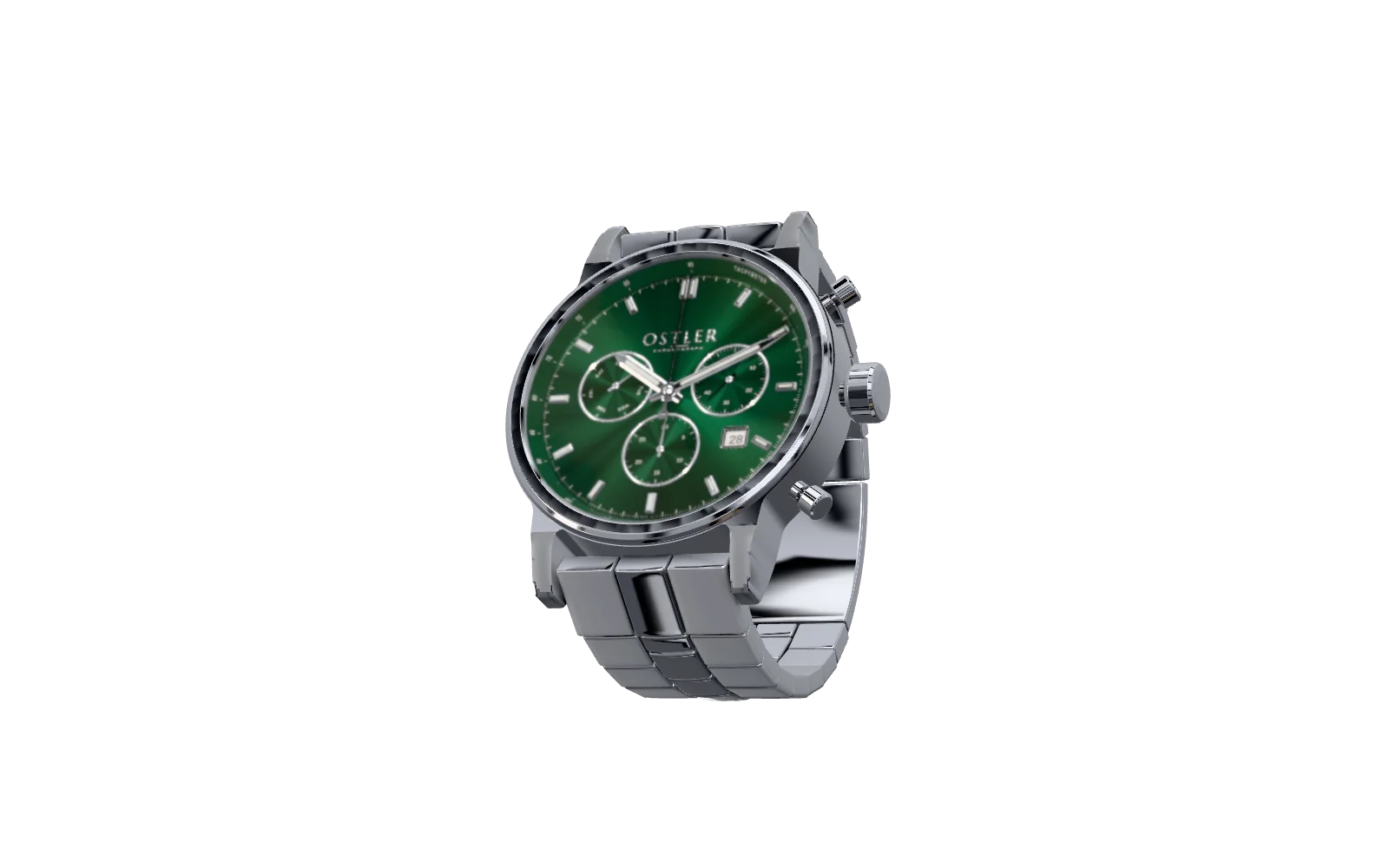The Ostler Calibre O·2: a steel chronograph with a green sunray dial on a steel bracelet