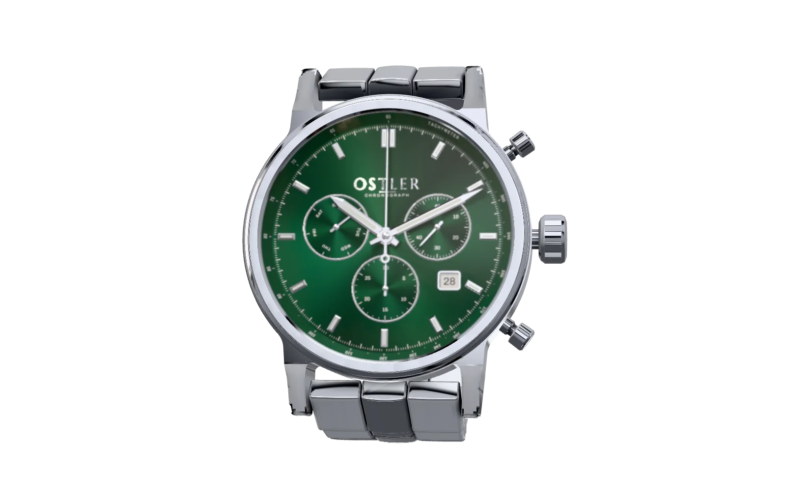 The dial up close: green sunray darkening to its rim, three ringed sub-dials, applied batons and baton hands with luminous inserts, a tachymeter and the date at half past four