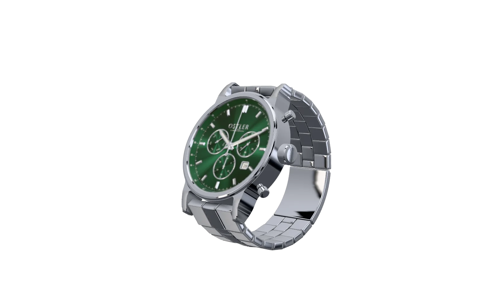 The finished chronograph at an angle, on its steel bracelet